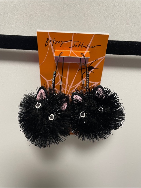 Betsey Johnson Jewelry - Betsey Johnson Adorable Black “Pom Pom” Cats with Rhinestone Drop Hoop Earrings